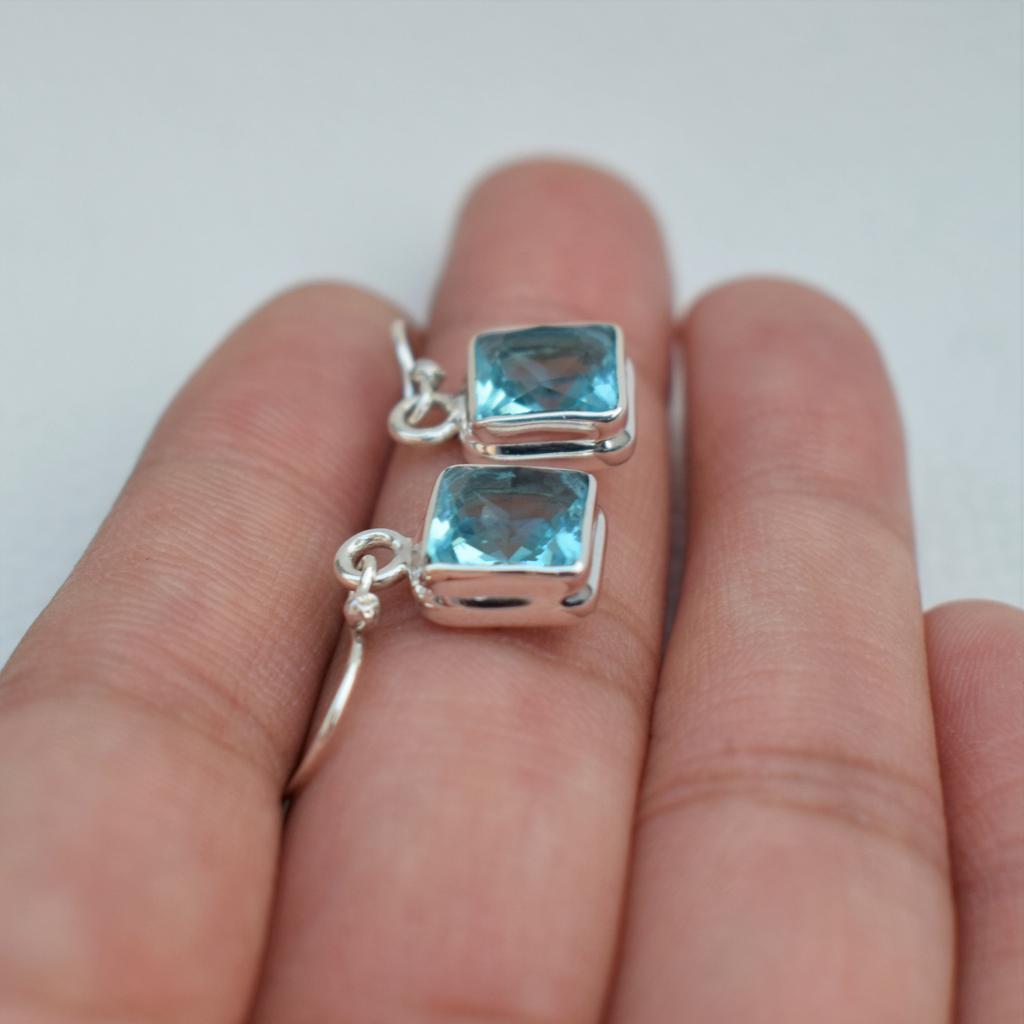 Natural Blue Topaz Earrings, Handmade Earrings, 925 Sterling Silver Earrings, Square Blue Topaz Earrings, Gift for Sister, Birthday Gift