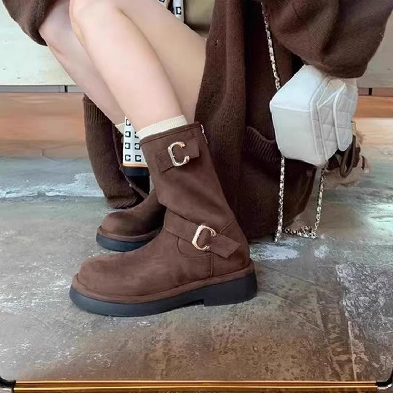 

Fashion Round Toe Autumn Winter Biker Half High Boots for Women New Rock Fashion 2025 Comfortable and Elegant Chic Mid Calf Shoes Woman 40