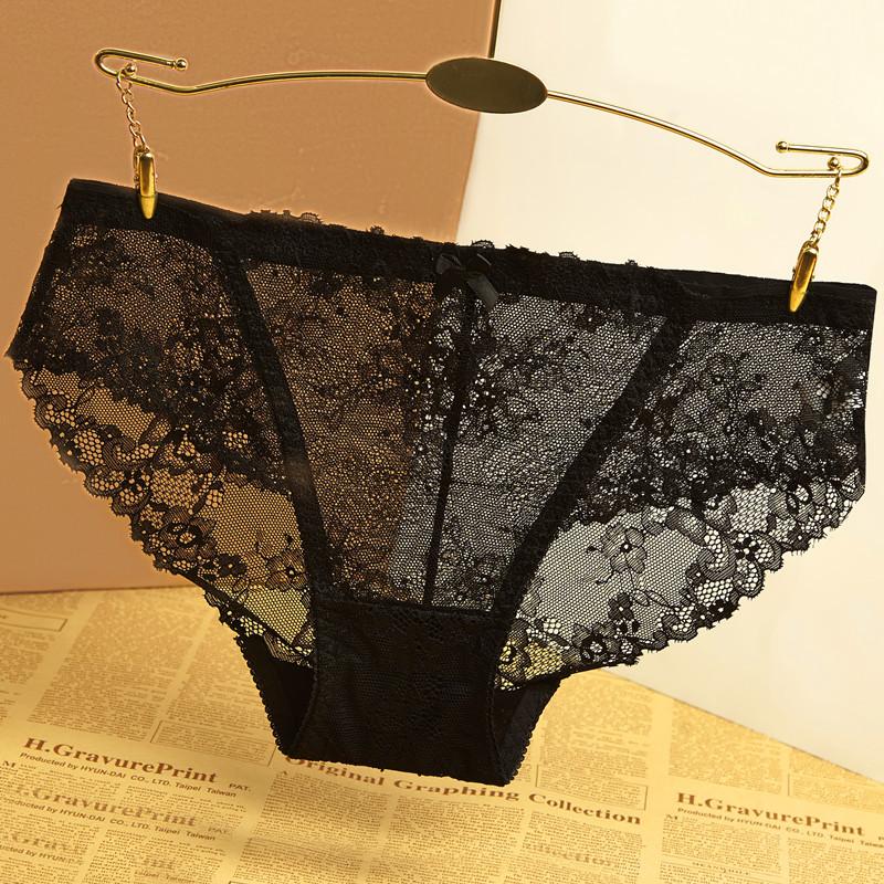 Women's Lace Mesh Underwear Transparent Seamless Low Waist Cotton Crotch Hollowed Out Underwear