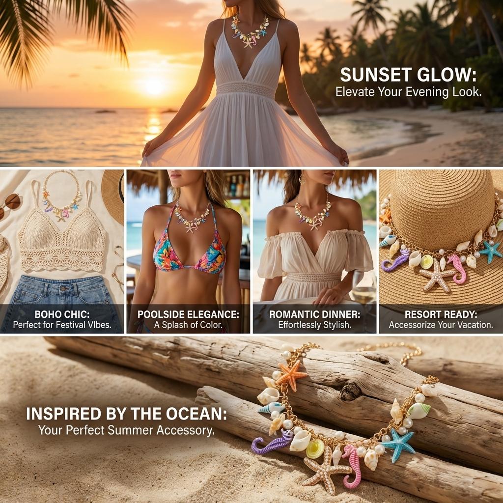 Boho Exaggerated Starfish Conch Pendant Necklace for Women Seahorse Shell Imitation Pearl Metal Chain Choker Beach Party Jewelry