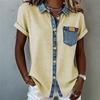Spring and Summer New Style Retro Contrasting Patchwork Short-Sleeved Padded Women's Blouse