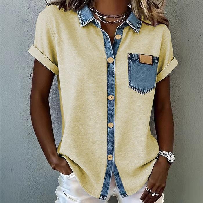 TIFICY Women s Fashion Casual Summer Spring Colour Block Print Short Sleeve POLO Neck Blouses & Shirts S