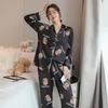 1011 New Ice Silk Cardigan Pajamas Female Cute Bear Print Spring and Autumn Long-sleeved Trousers Two-piece Loungewear