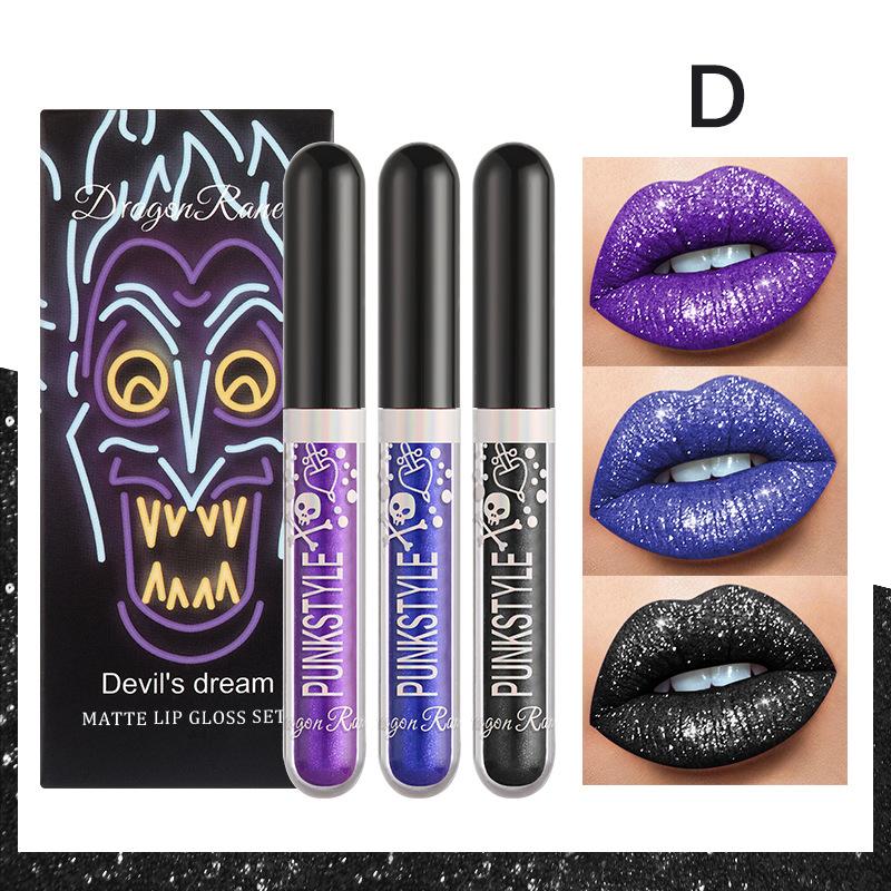 Halloween Three-piece Sequin Lip Glaze Box Non-stick Cup Lipsticks Glitter Pearl Stage Lip Gloss Set Is Perfect for Parties