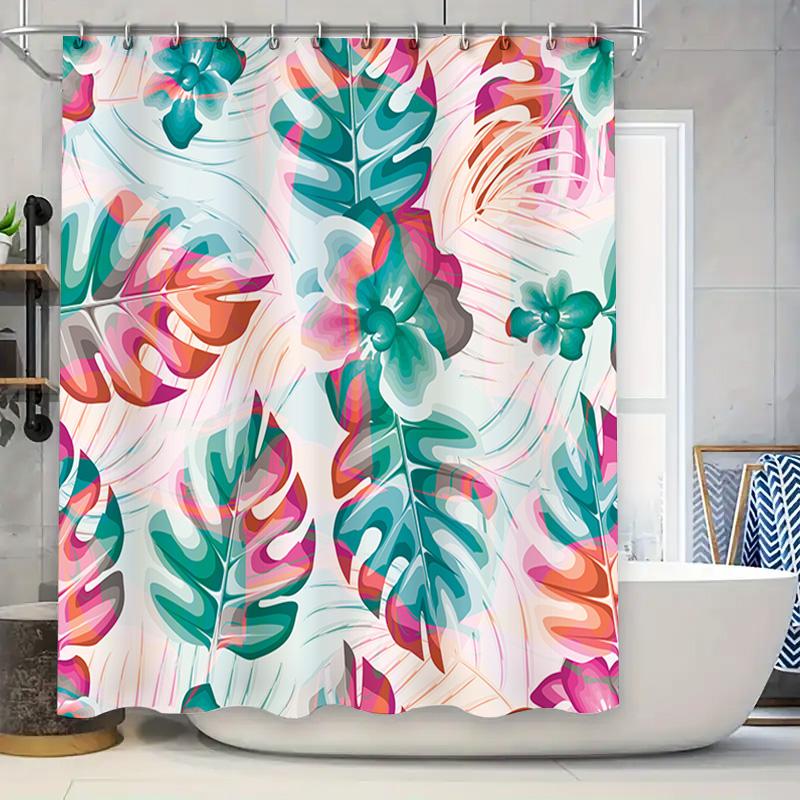 Summer Greenery Shower Curtain Fabric Print Home Decoration Waterproof Bathroom Rug Floral Leaf Pattern, Pink Blue White Orange