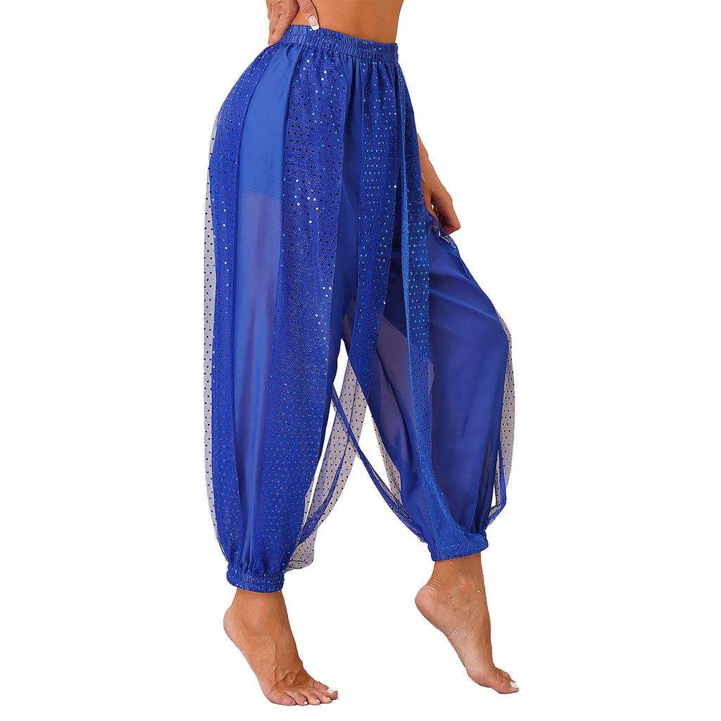 Womens Semi Sheer Chiffon Pants Sequined Dot Design Elastic Waist Belly Dance Performance Trousers