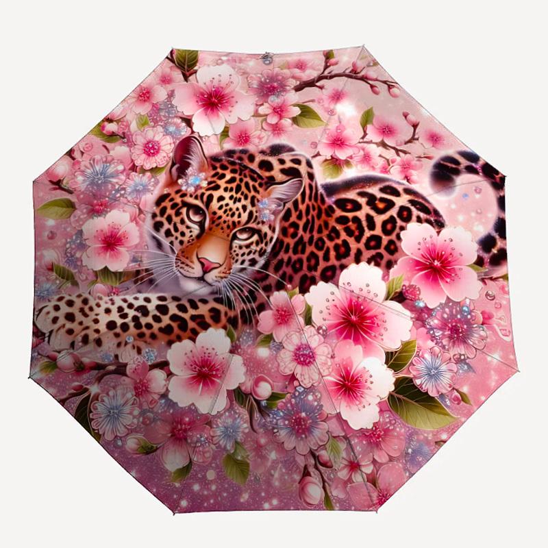 

1pc Leopard Blossom Floral Print Automatic Open/Close Umbrella with Windproof, 8-Rib Sturdy Canopy, , Outdoor Accessory, Ideal for Gifts yy251117094