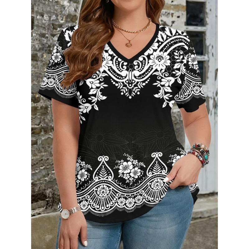 Summer Ethnic Style Floral 3D Print T-Shirts Women's V-Neck Short Sleeve T Shirt Y2k Harajuku Tees Casual Tops Female Clothing