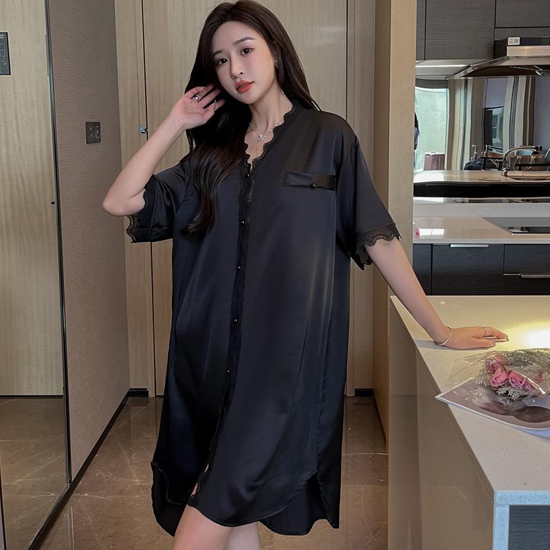 Summer Black Nightdress Blouse Skirt Sexy Lace Lace Medium And Long Pajamas V-Neck Cardigan Loungewear