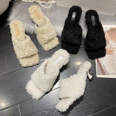 Fashion Rich Teddy Fur Mule Slides Woman Elegant Kitten Heel Square Toe Plush Slippers Ladies Winter Party Stiletto Furry Pump Shoes