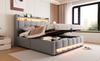 Upholstered Bed 160*200cm with LED Lighting and USB Socket, Headboard with Shelves and Storage, With Hydraulic for Storage, Linen Fabric Light Grey