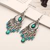 Bohemian Ethnic Style Antique Silver Color Alloy Hollow Acrylic Resin Gems Water Droplet Tassel Earrings Women Vacation Jewelry