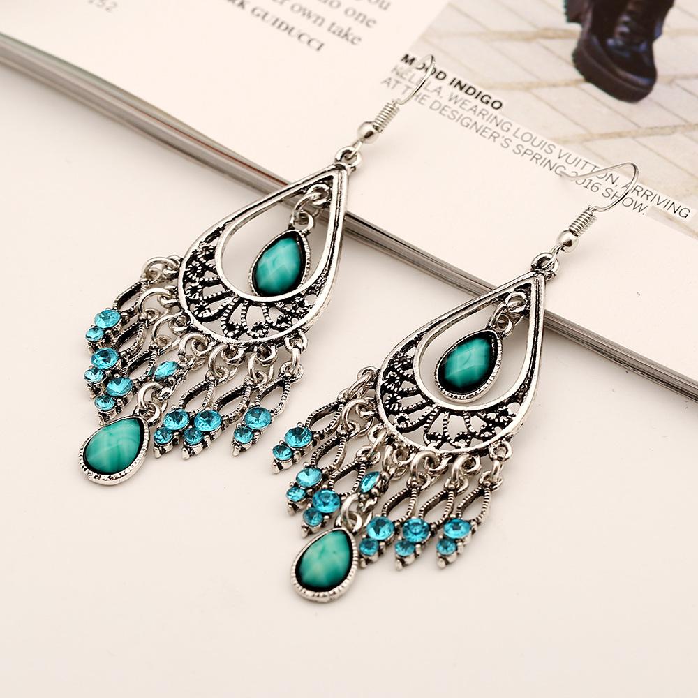Bohemian Ethnic Style Antique Silver Color Alloy Hollow Acrylic Resin Gems Water Droplet Tassel Earrings Women Vacation Jewelry