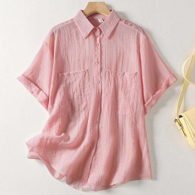 Light and Breathable Lapel Collar Short-sleeved Curled Tencel Shirt Women's 2025 Summer New Loose Casual Solid Color Pleated Shirt