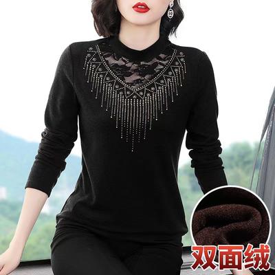 2025 Autumn and Winter New Middle-aged Double-sided German Velvet Warm Bottoming Shirt Fashionable Lace Splicing Large-size Top Women
