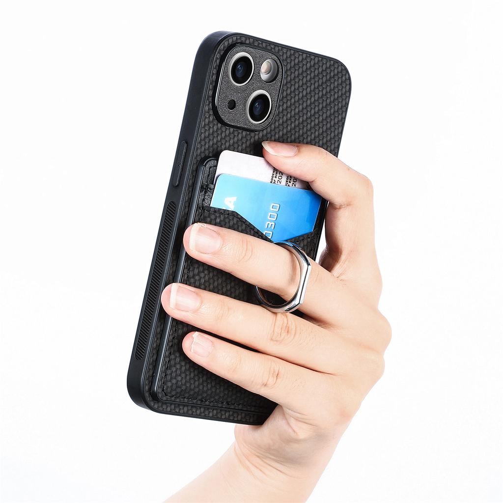 Cellphone Cover for iPhone 15,Card Holder Carbon Fiber Texture PU Leather+PC+TPU Phone Case with Ring Kickstand