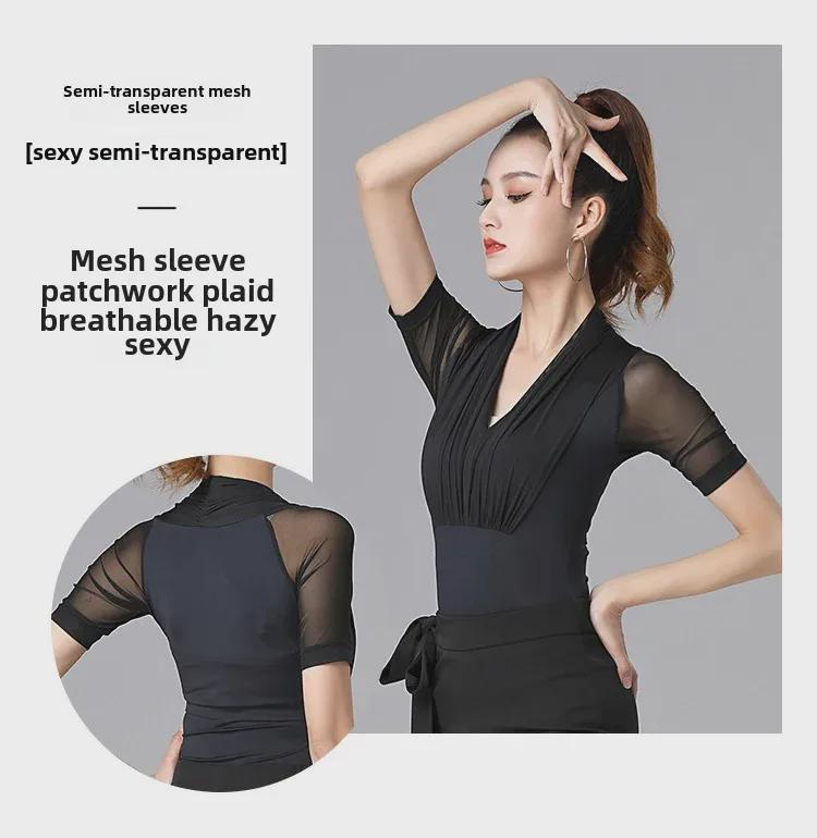 Letnie czerwone plisowane bluzki z siateczki z krótkim rękawem do treningu tańca towarzyskiego latino dla kobiet