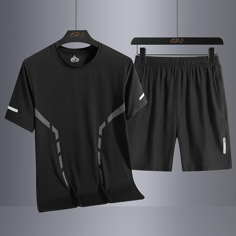 

Ice Silk Outdoor Men s Casual Sports Loose Three Piece Set Breathable Quick Drying Round Neck T-shirt Long Pants Men 4XL