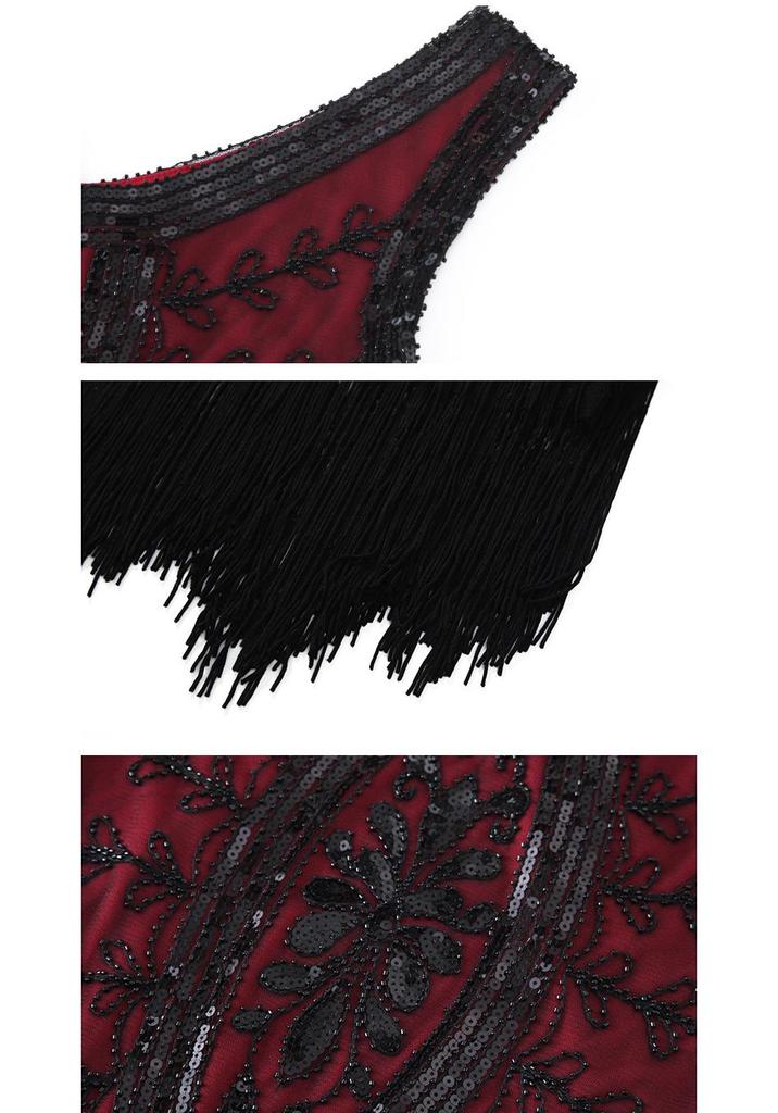 1920s Retro Sequin Tassel Plus Size Black Dress, V-Neck Party/Banquet Wear