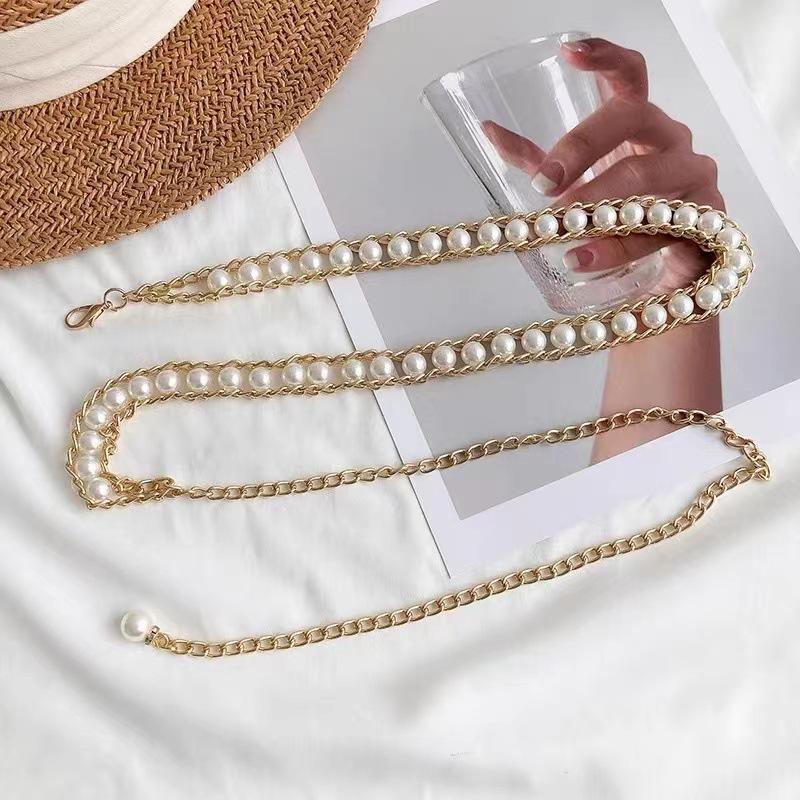 Pearl Belt for Women Korean Skirt with Versatile Retro Sweet Decorative Sweater Shirt Accessories Metal Thin Waist Chain