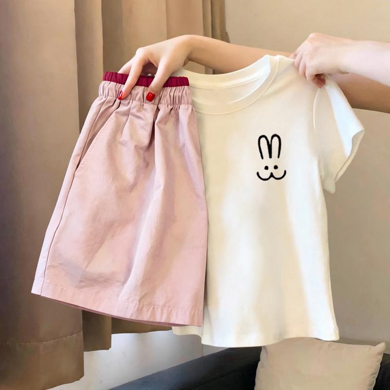Girls' Stylish Cotton Short-Sleeve T-Shirt Set - Summer Korean Style for Middle & Big Kids