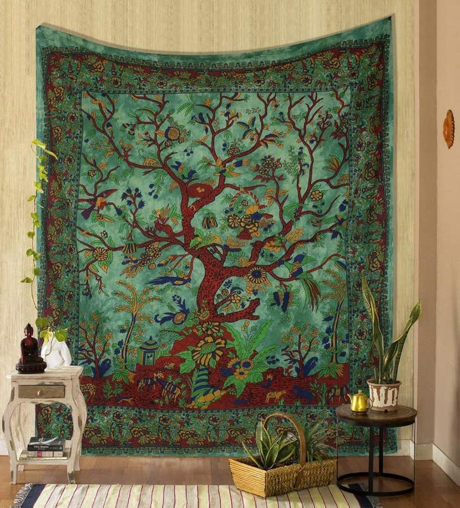 Indian Tree of Life Tapestry Boho Wall Art Multicolor Floral Design Ethnic Decor for Home Living Room Bedroom Yoga Space