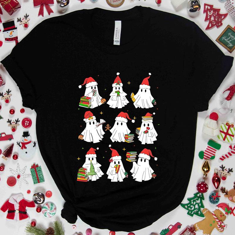 Christmas Ghost Short Sleeved Cute Ghost Printed Womens Loose and Comfortable Large Tshirt Party Clothing Womens Clothing S