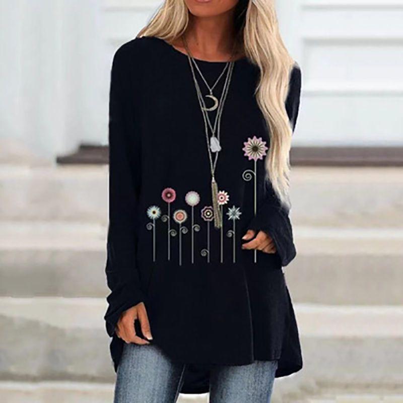 

T Повседневная женская рубашка с длинным рукавом, с цветочным принтом, с круглым вырезом, топы, свободная блузка-туника Black,3XL