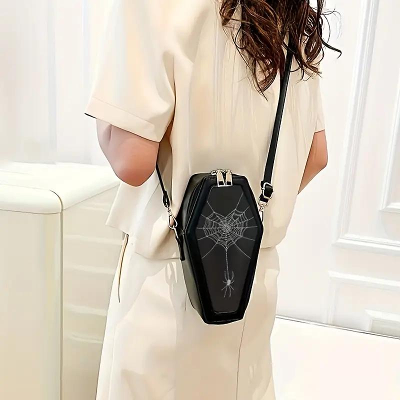 WTEMPO Halloween Zipper PU Bags Gothic Coffin Shaped Crossbody Bags Halloween Spider/Spider Web Pattern Large Purses Vintage Single Shoulder Gift Bags