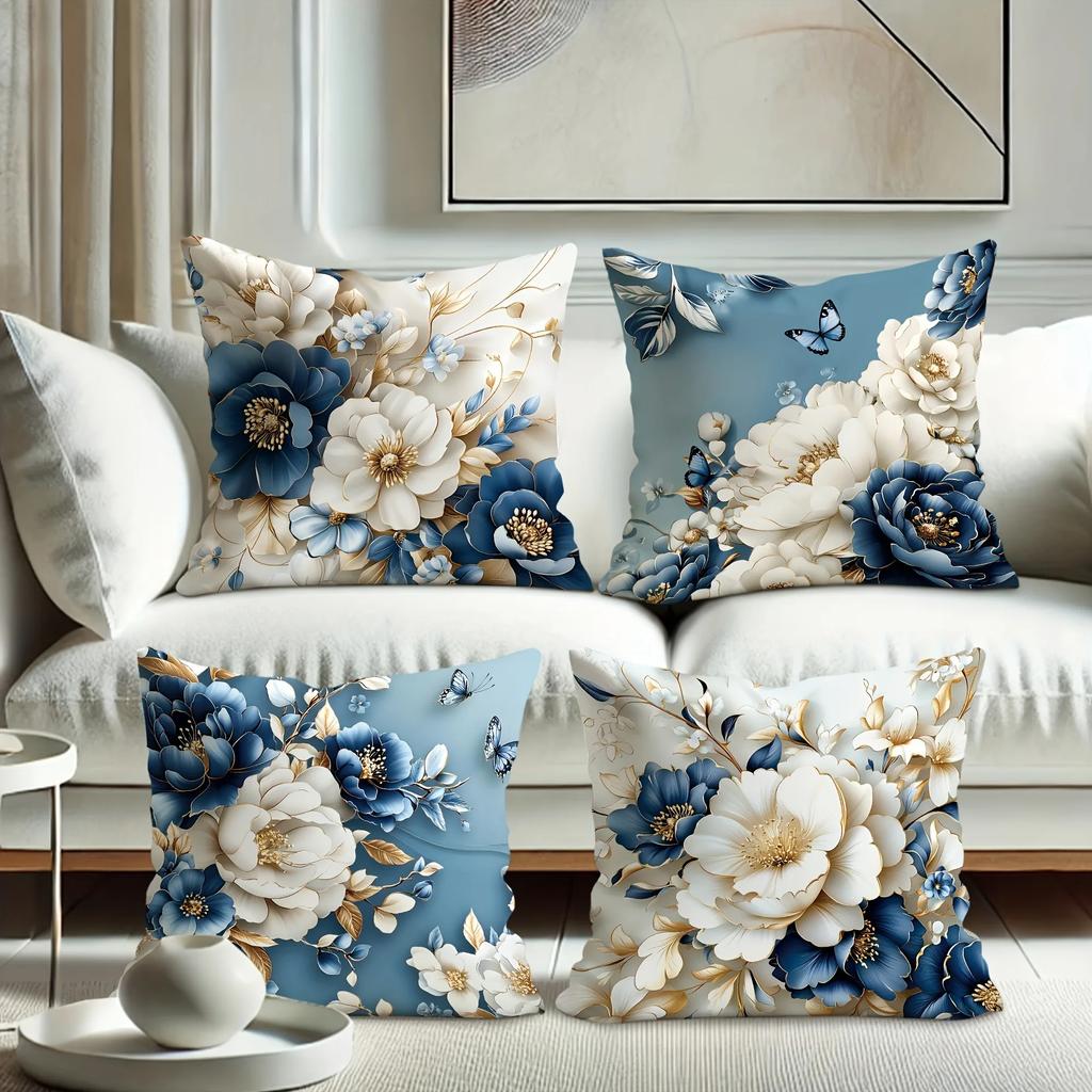 Modrý a Bílý Zlacený Květinový Vzor Domácí Dekorace Povlak na Polštář Obývací Pokoj Pohovka Polyesterový Povlak na Polštář se Zipem