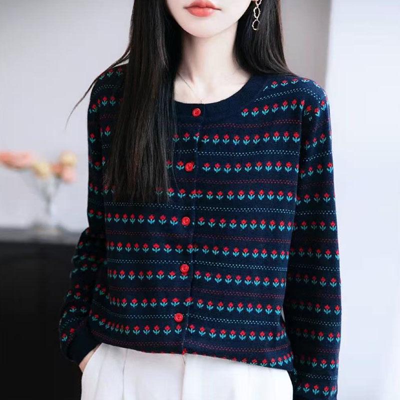 Mom's Retro Floral Jacquard Cardigan - 2025 Autumn/Winter Women's Round Neck Knit Sweater