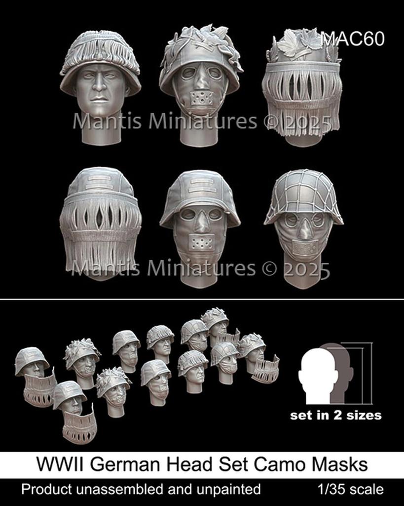 Mantis Miniatures Scale WWII German Camouflage Masked 6 2 Resin MAC60 1/35 Headset, Types, Sizes, 12-Piece Kit, (Human)
