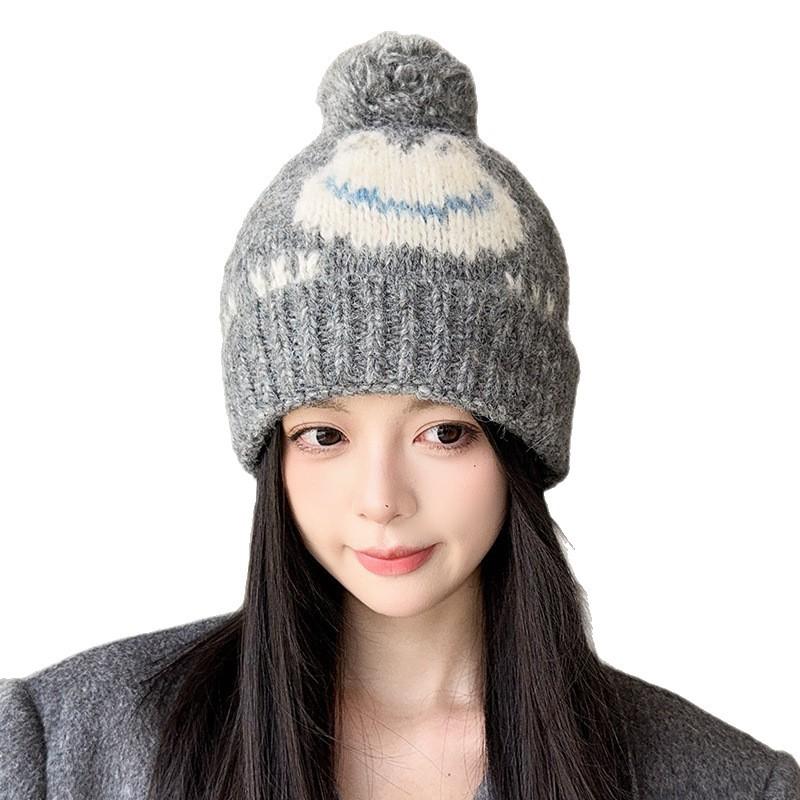 New Cute Jacquard Frog Fur Ball Woolen Hat for Women Autumn and Winter Warm Ear Protection Knitted Hat for Men