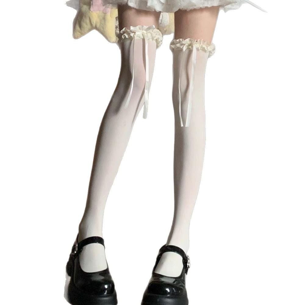 Lolita White Knee Socks Summer Thin Velvet High Thigh Socks Pure Lace Bow Stockings