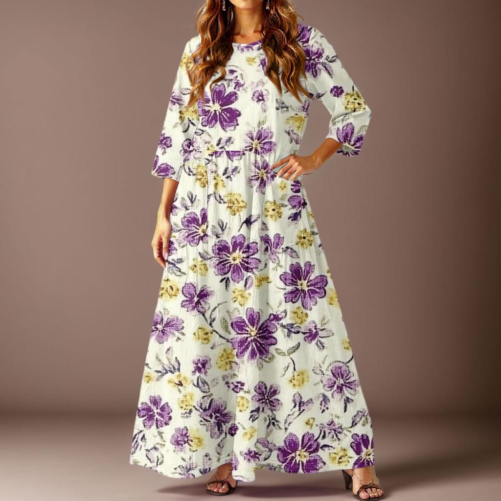 Damska codzienna sukienka midi z kwiatowym nadrukiem, z rękawami trzy czwarte i kieszeniami