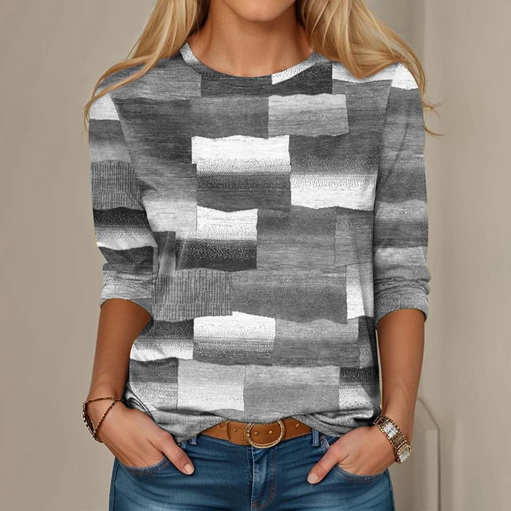 Vintage Langarm T-Shirts Farbige Plaid Damen T-Shirts Herbst Casual Loose Pullover O-Ausschnitt Damenbekleidung Streetwear