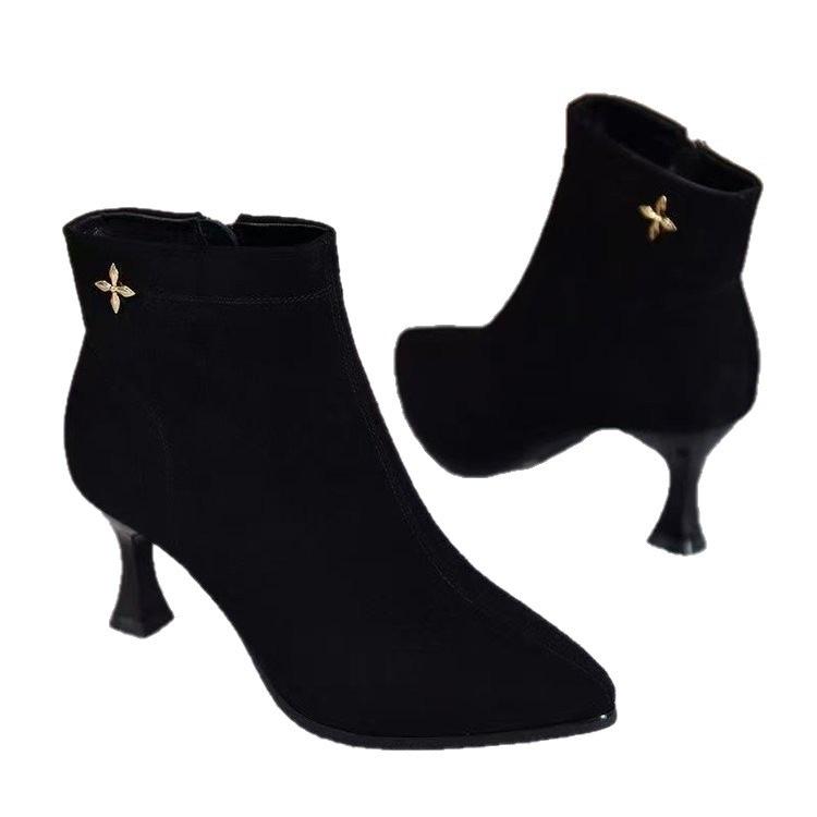 medium heel bare boots women's suede stiletto high heels women's temperament matte short boots autumn and winter pointed elastic thin boots