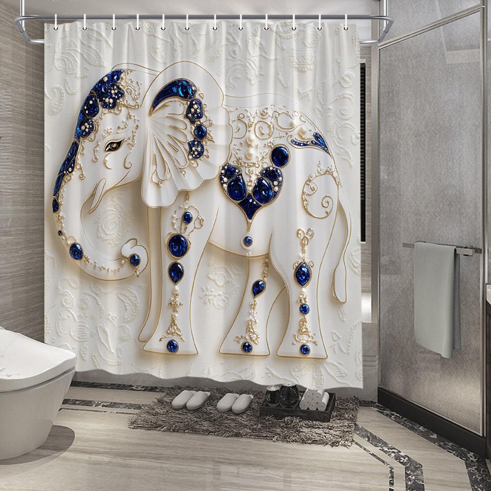 

Ornate Elephant Shower Curtain, Golden & Blue Patterns on White Polyester,12 Hooks, Baroque Victorian Bath Decor W90xH180cm