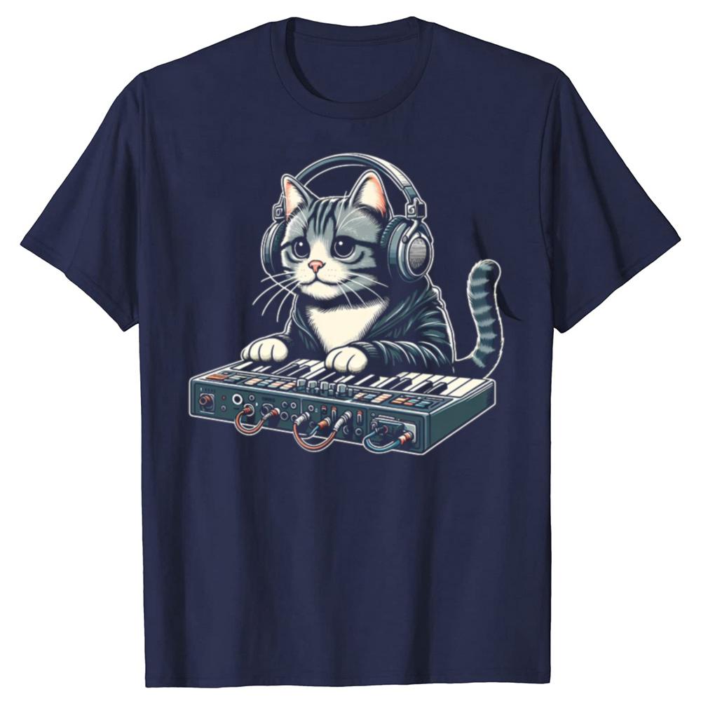 Funny Cat Synthesizer Music Synth Electro Techno Graphic Tshirts Men Fashion Casual Tshirt 100 Cotton Loose Oversized T Shirt