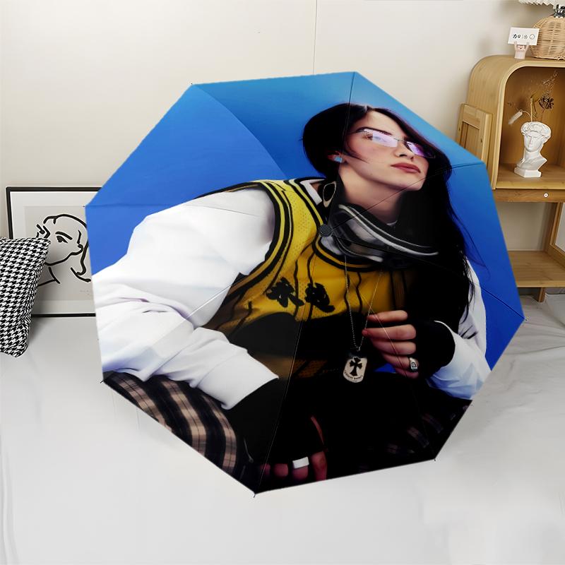 Singer Billie Eilish1 Print Automatic Umbrella, 8 Rib Iron Frame, Plastic Handle, Suitable for Outdoor Travel &Daily , Ideal Gift