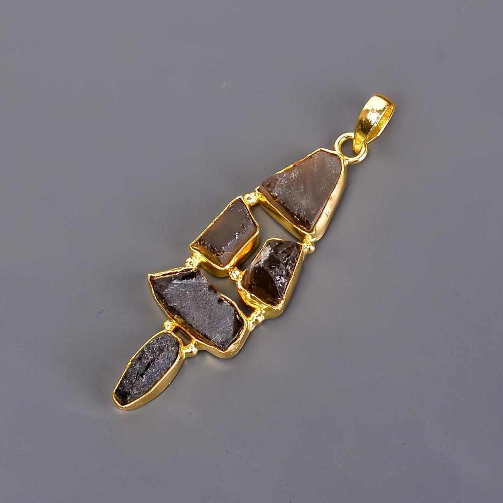 Fancy Natural Smoky Quartz Gold Finish Anniversary Electroformed Pendant Jewelry V-117