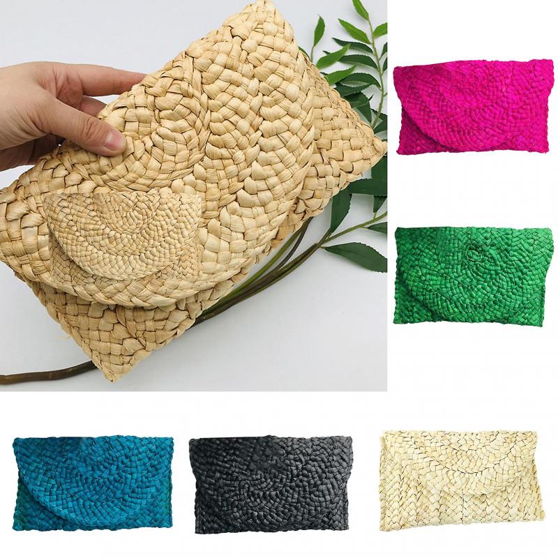 Stroh-Clutch Handgefertigt Gewebt Einfarbig Lässig Große Kapazität Geschenk Sommer Frauen Mädchen Stroh Umschlag Handytasche Täglicher Gebrauch