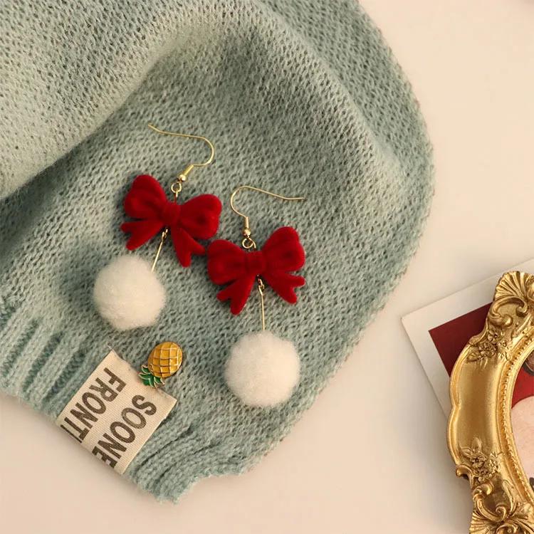 KADRUFI Women New Year Christmas Wine Red Velvet Bow Earrings Korean Fashion Girls White Plush Ball Dangle Earring Jewelry Gift