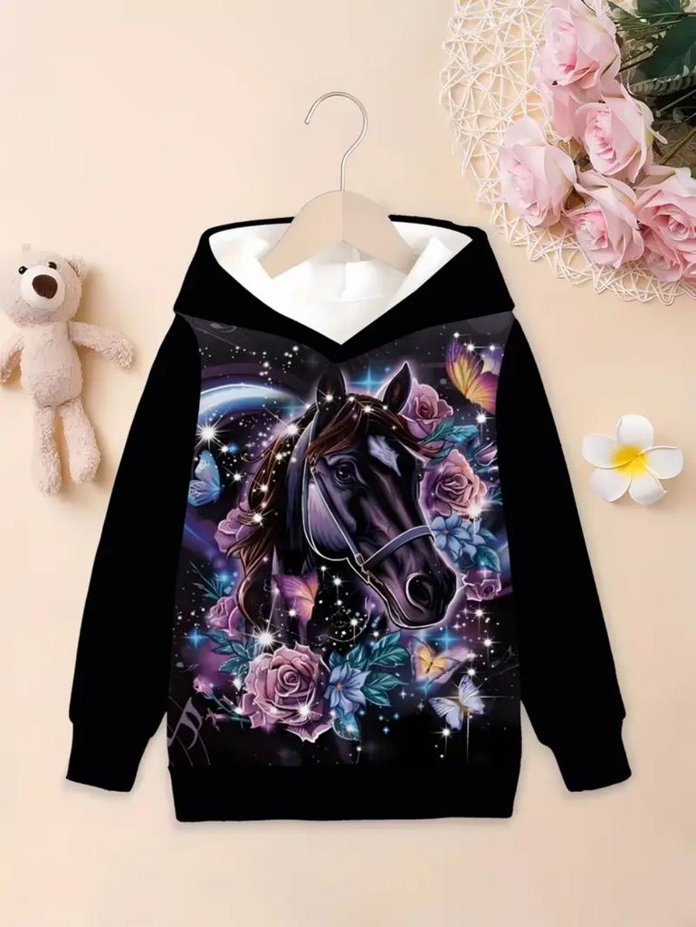 Mädchen 3D Tier Pferd Muster Langarm Kapuzenpullover, Bequeme Kleidung für Kinder