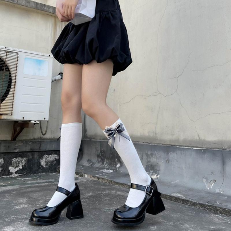 1 Pair Princess Style Dress Socks for Girl Calf Tube Frilly Socks Ballet Socks Ruffle Calf Socks with Bows Lace Top Sock