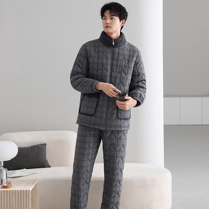 Pajamas Men'S Winter Three-Layer Thickened Down Padded Cotton Can Be Worn Outside Warm Turtleneck Padded Jacket Loungewear Set
