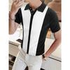 Men's Black White Vertical Stripe Color Block Short Sleeve Polo Shirt