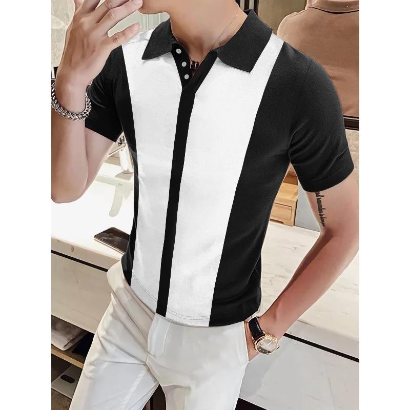 Men's Black White Vertical Stripe Color Block Short Sleeve Polo Shirt