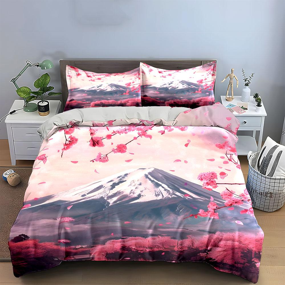 Cherry Blossom Mountain Art Set Multiple Sizes Kid'S And Adults' Bedroom Exquisite 3Pc Bedding Set, Gift