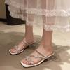 Fashion Luxury Glitter Butterfly Decoration Slip On Sandals Women 2025 Summer Square Toe Medium Heel Slides Fashion Clear Heel Slippers